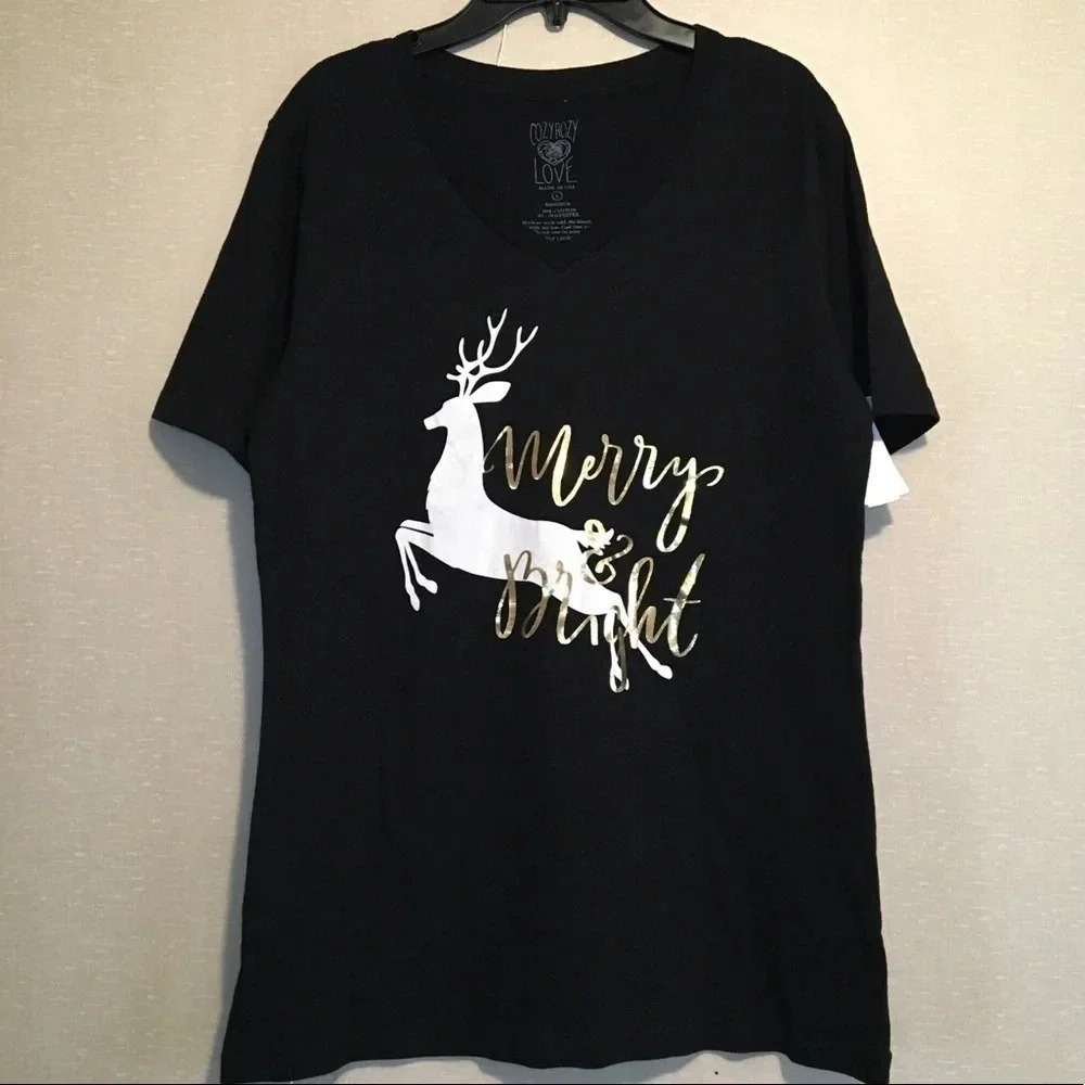 Cozy Rozy Love Nordstrom Merry & Bright Reindeer Christmas Holiday Shirt Top Tee